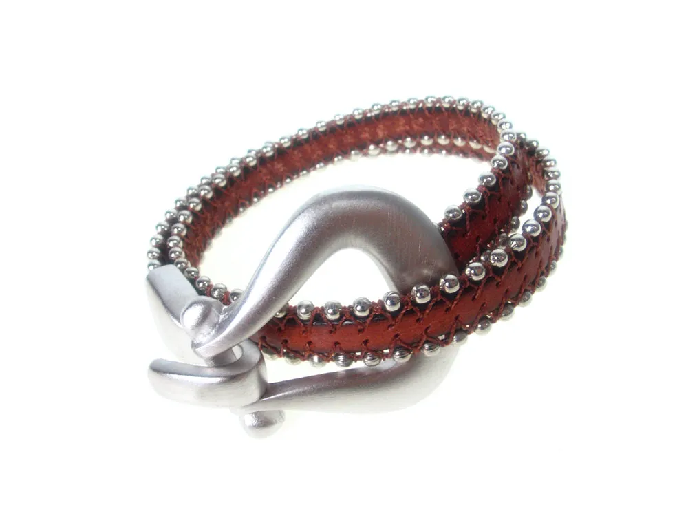 Double Wrap Beaded Leather Bracelet with Horseshoe Clasp