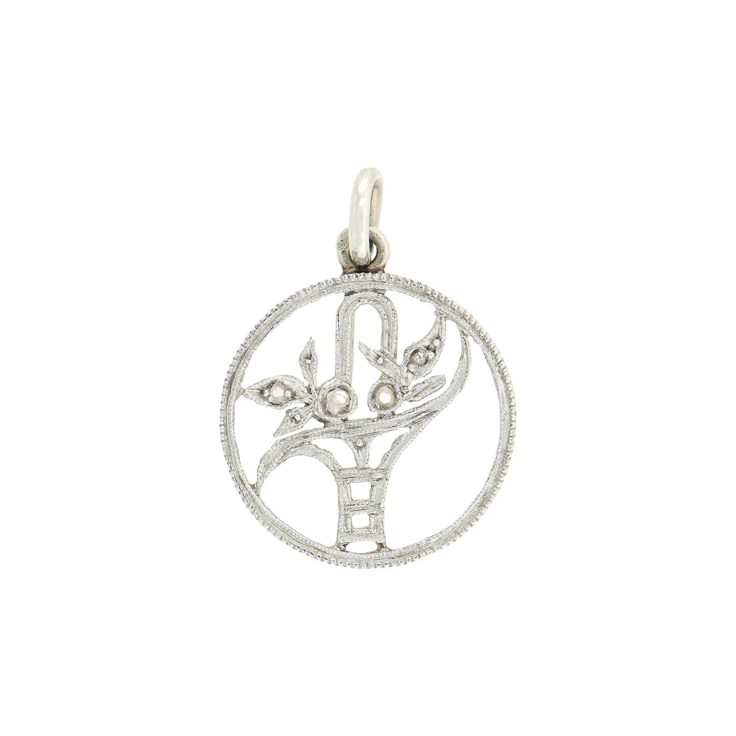 Edwardian Platinum   Rose Cut Diamond Flower Basket Charm