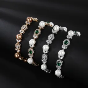 Elegant Pearl Chain Bracelets White, Gold Color Fashion Women Wedding Party Cubic Zirconia Bracelets CK10185