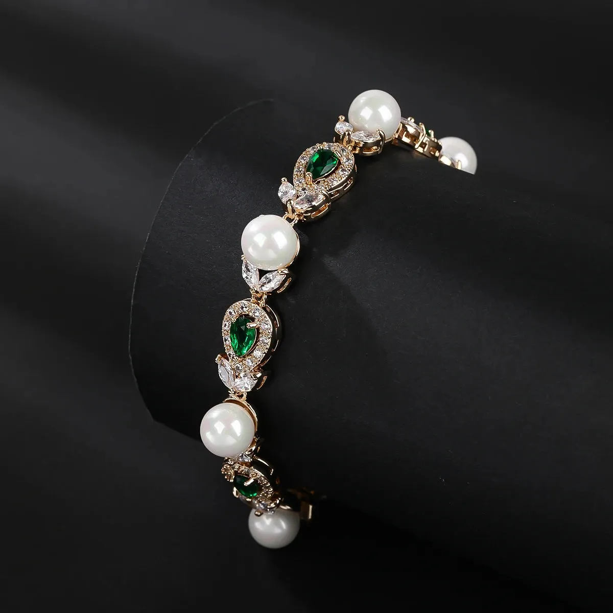 Elegant Pearl Chain Bracelets White, Gold Color Fashion Women Wedding Party Cubic Zirconia Bracelets CK10185