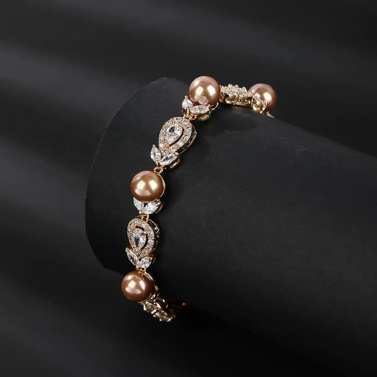 Elegant Pearl Chain Bracelets White, Gold Color Fashion Women Wedding Party Cubic Zirconia Bracelets CK10185