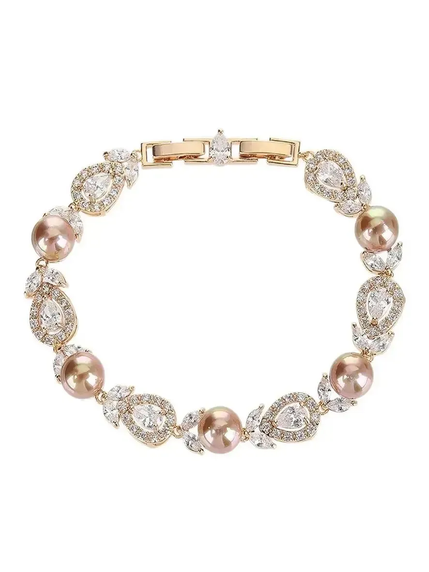 Elegant Pearl Chain Bracelets White, Gold Color Fashion Women Wedding Party Cubic Zirconia Bracelets CK10185