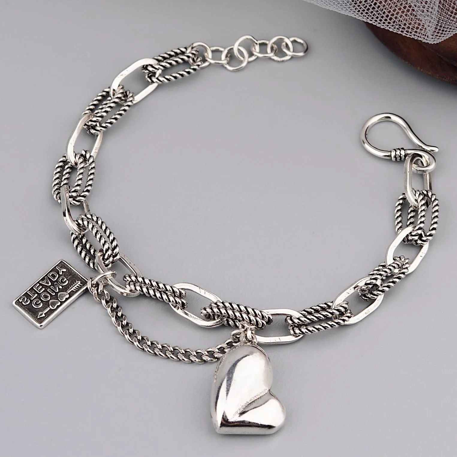 European And American Style Personality Retro Asymmetric Love Bracelet Female Ring Buckle Lettering Square Card Simple Fashion Thai Silver Hand Jewelry