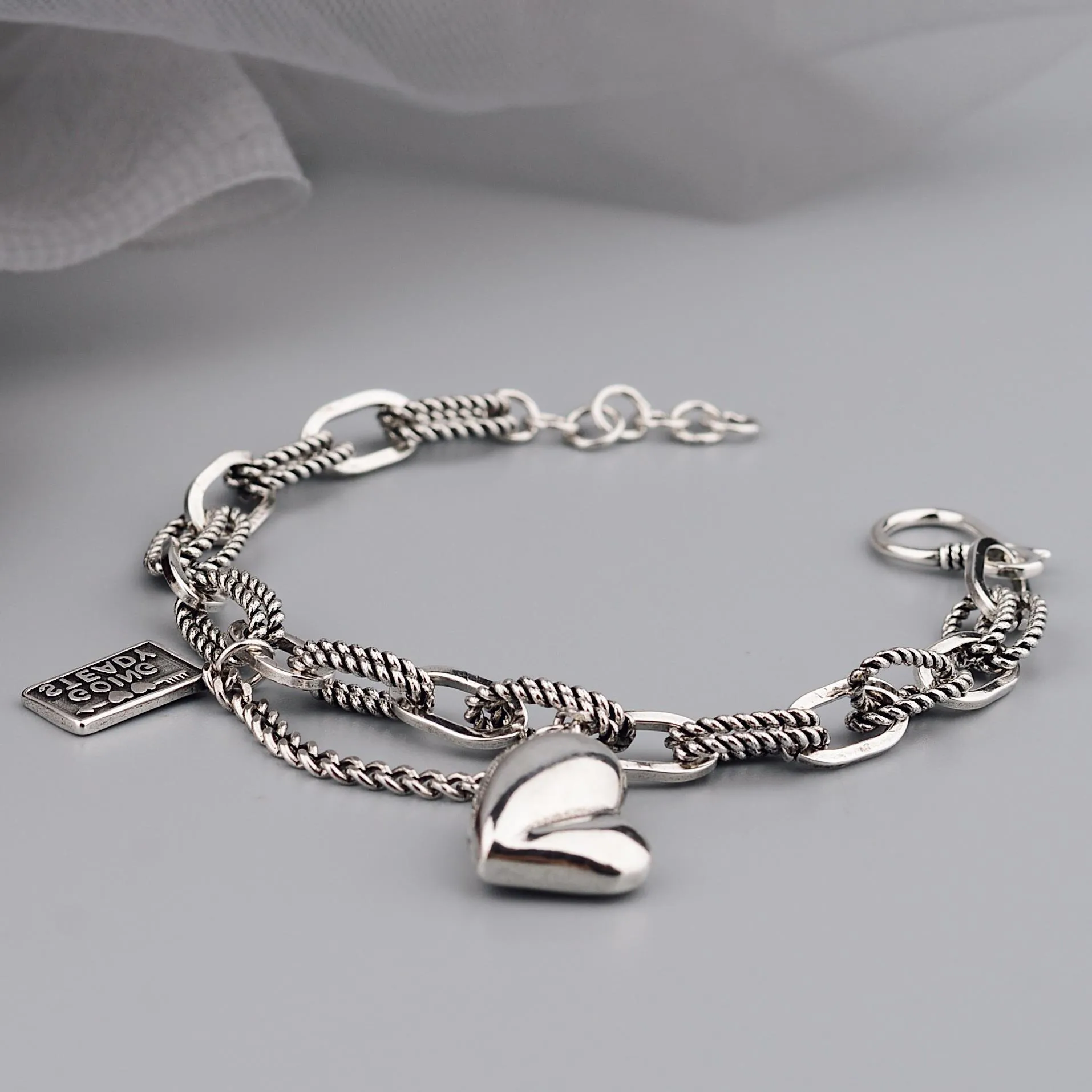 European And American Style Personality Retro Asymmetric Love Bracelet Female Ring Buckle Lettering Square Card Simple Fashion Thai Silver Hand Jewelry