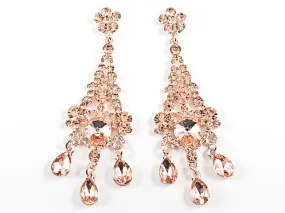 Fancy Beautiful Chandelier Style Dangle Peach Crystal Pink Gold Tone Fashion Earrings