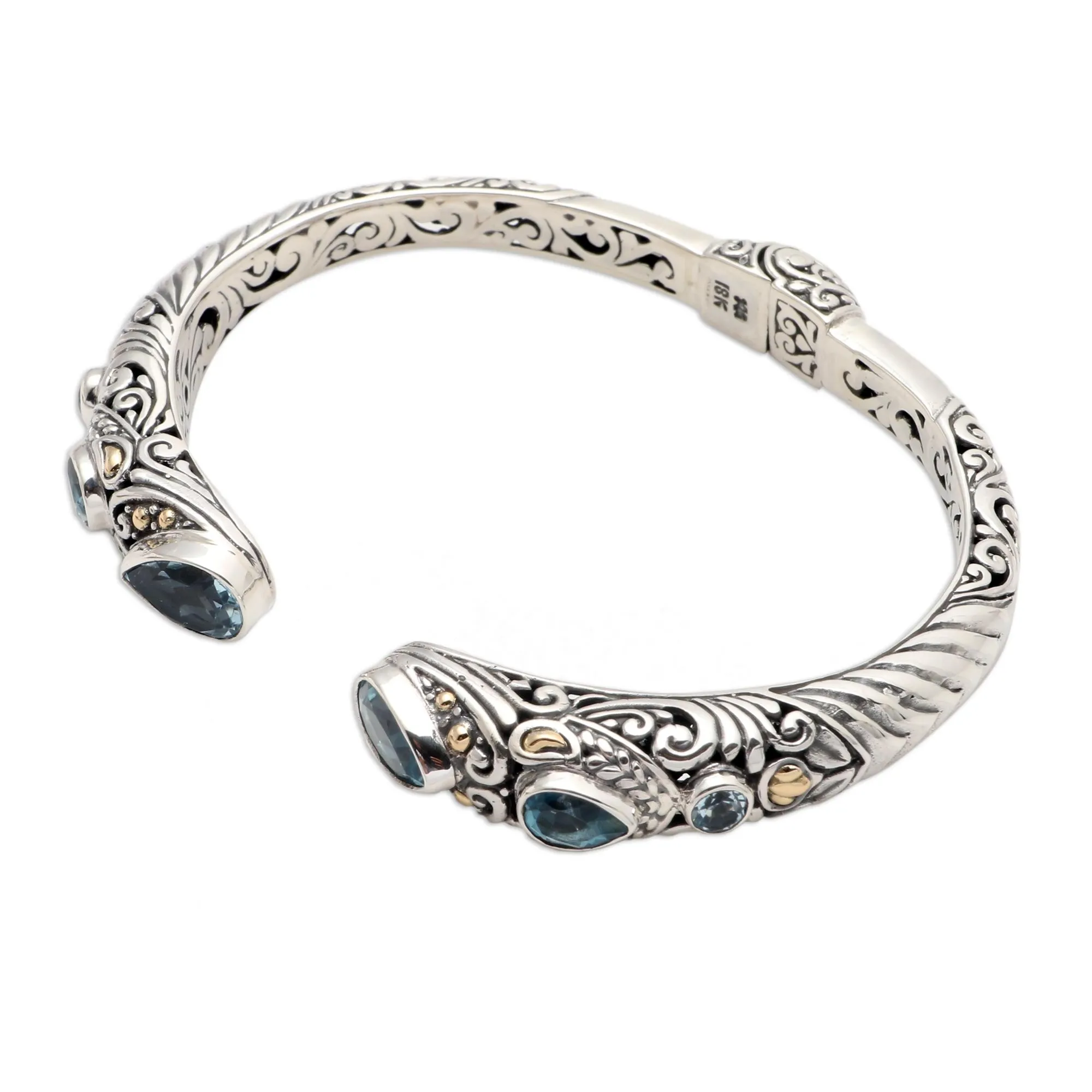 Fierce Warrior in Blue Sterling Silver and Blue Topaz Cuff Bracelet from Bali