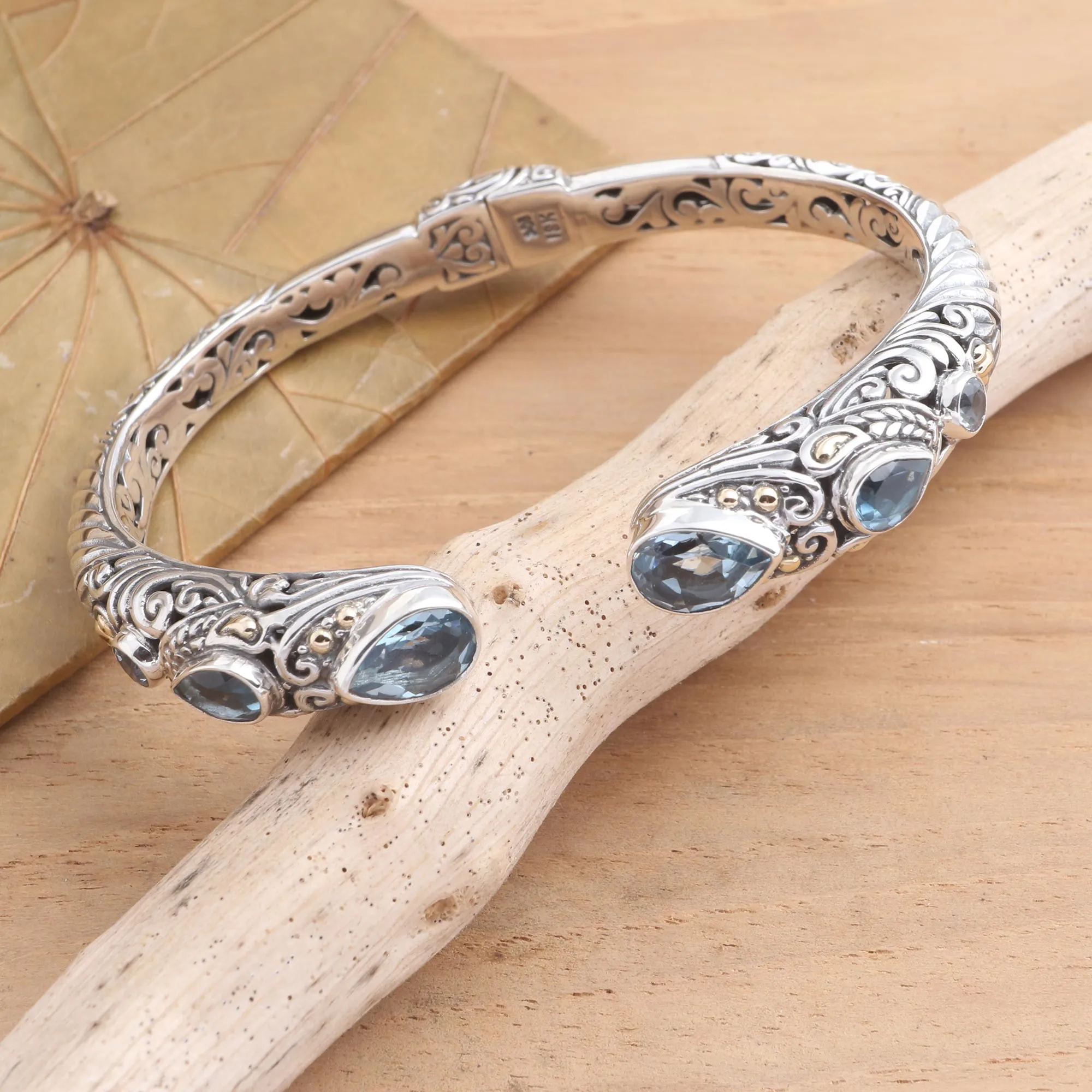 Fierce Warrior in Blue Sterling Silver and Blue Topaz Cuff Bracelet from Bali