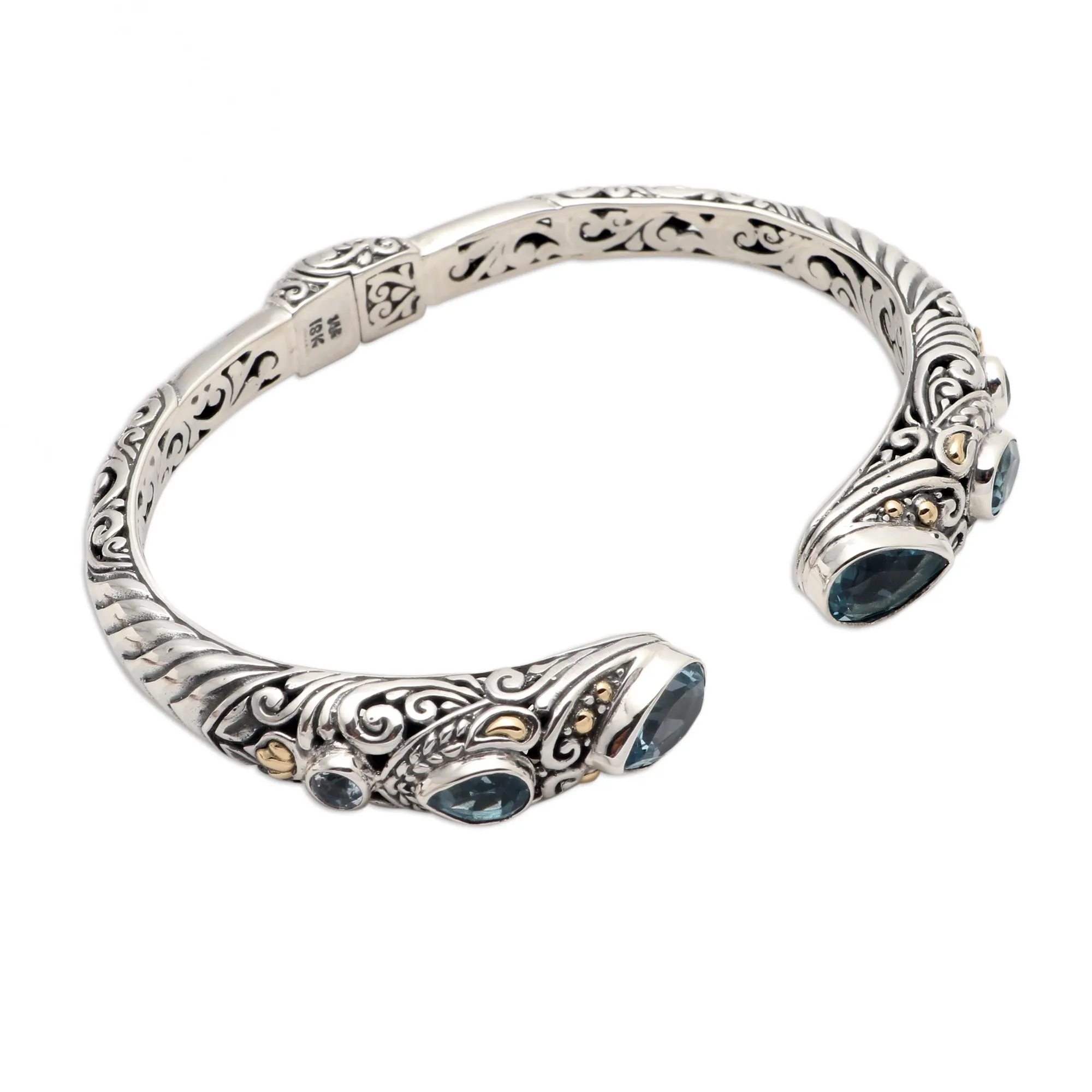 Fierce Warrior in Blue Sterling Silver and Blue Topaz Cuff Bracelet from Bali