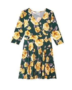 Florence 3/4 Sleeve Surplice Dress | Forest Green / Yellow