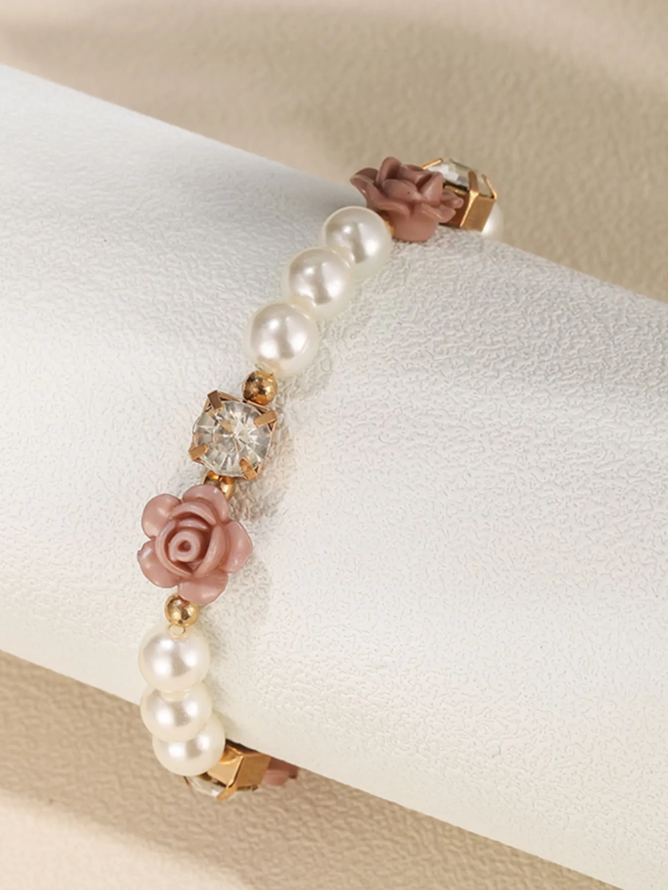 Flower & Faux Pearl Decor Beaded Bracelet Bead-string Bracelet Jewelry Accessory