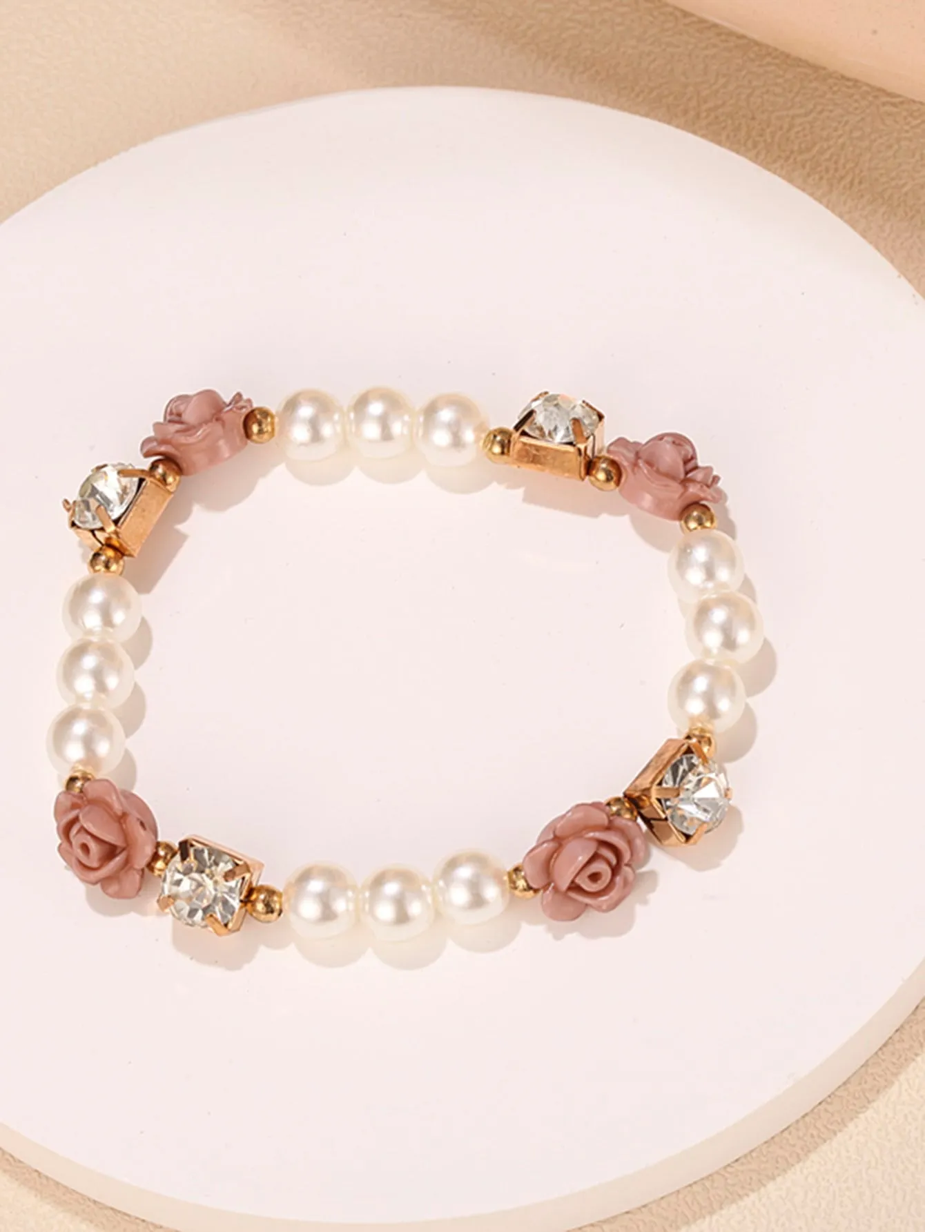 Flower & Faux Pearl Decor Beaded Bracelet Bead-string Bracelet Jewelry Accessory