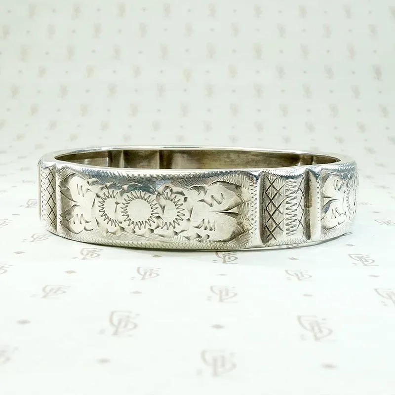 Flowers & Laces Engraved 19th Century Silver Bangle