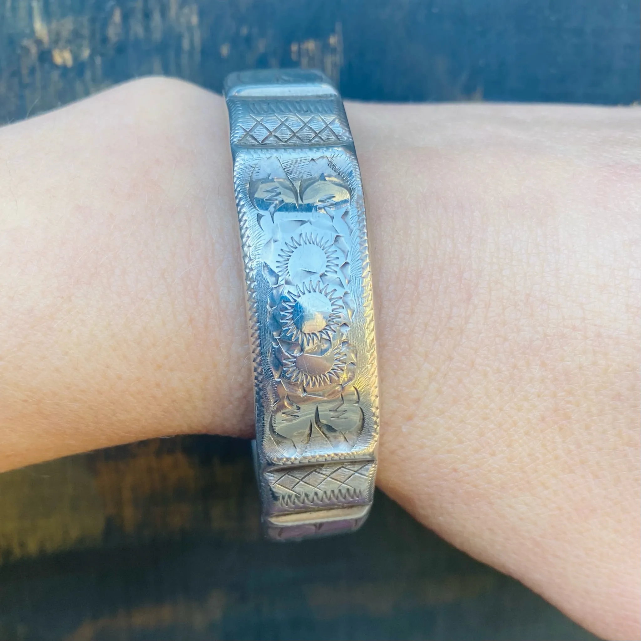 Flowers & Laces Engraved 19th Century Silver Bangle