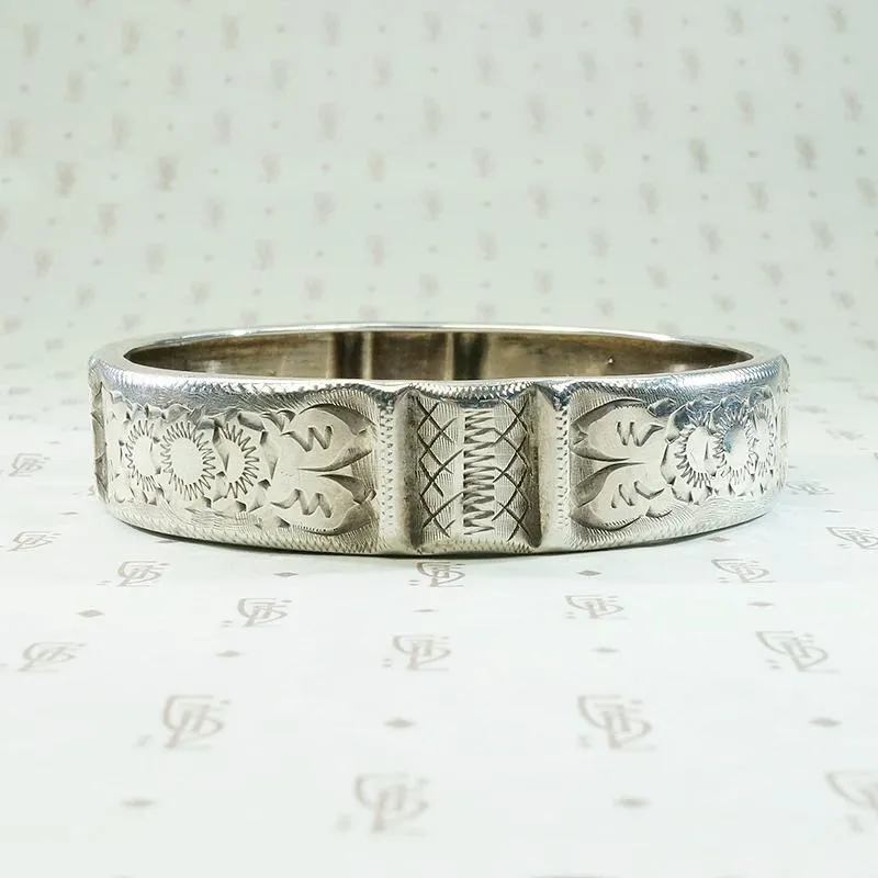 Flowers & Laces Engraved 19th Century Silver Bangle