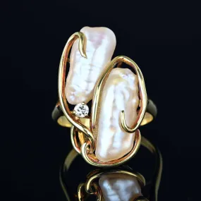 Free Form Diamond Baroque Pearl Ring in 14K Gold