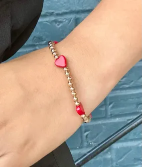 Gold Beaded with Red Hearts Stretch Bracelet