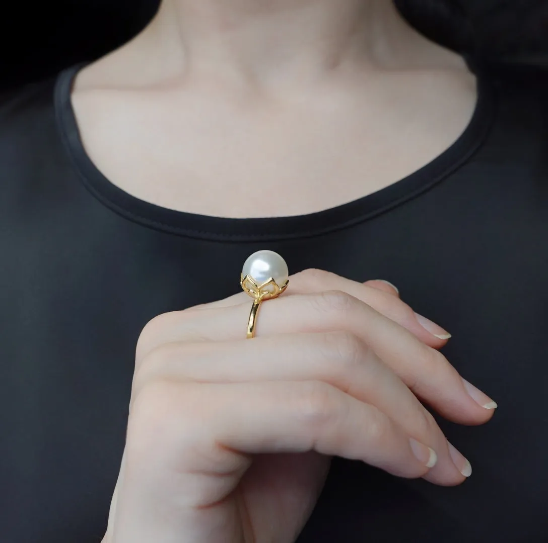 Gold Lotus Pearl Ring