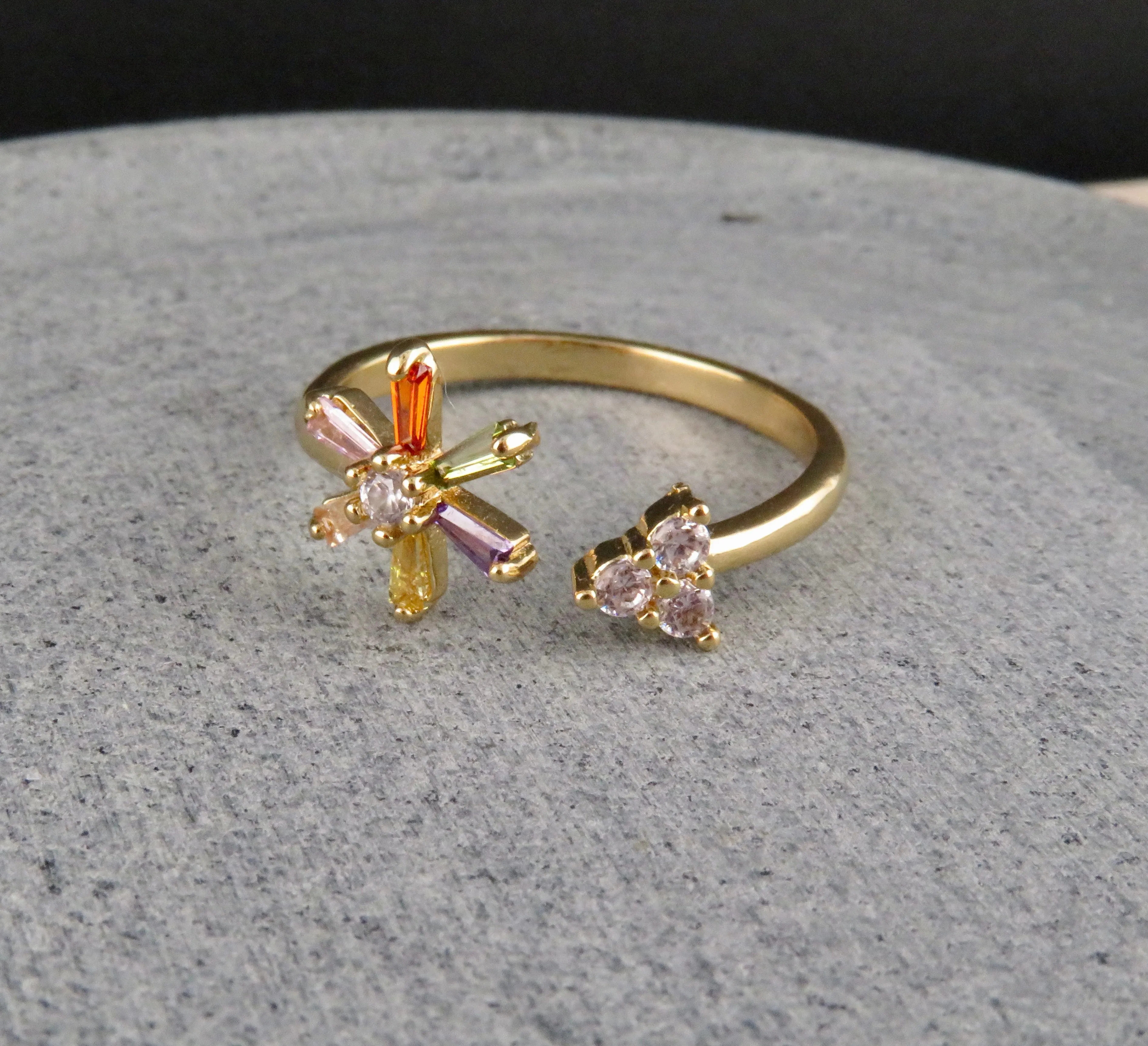 Gold Pave Flower Ring - Adjustable