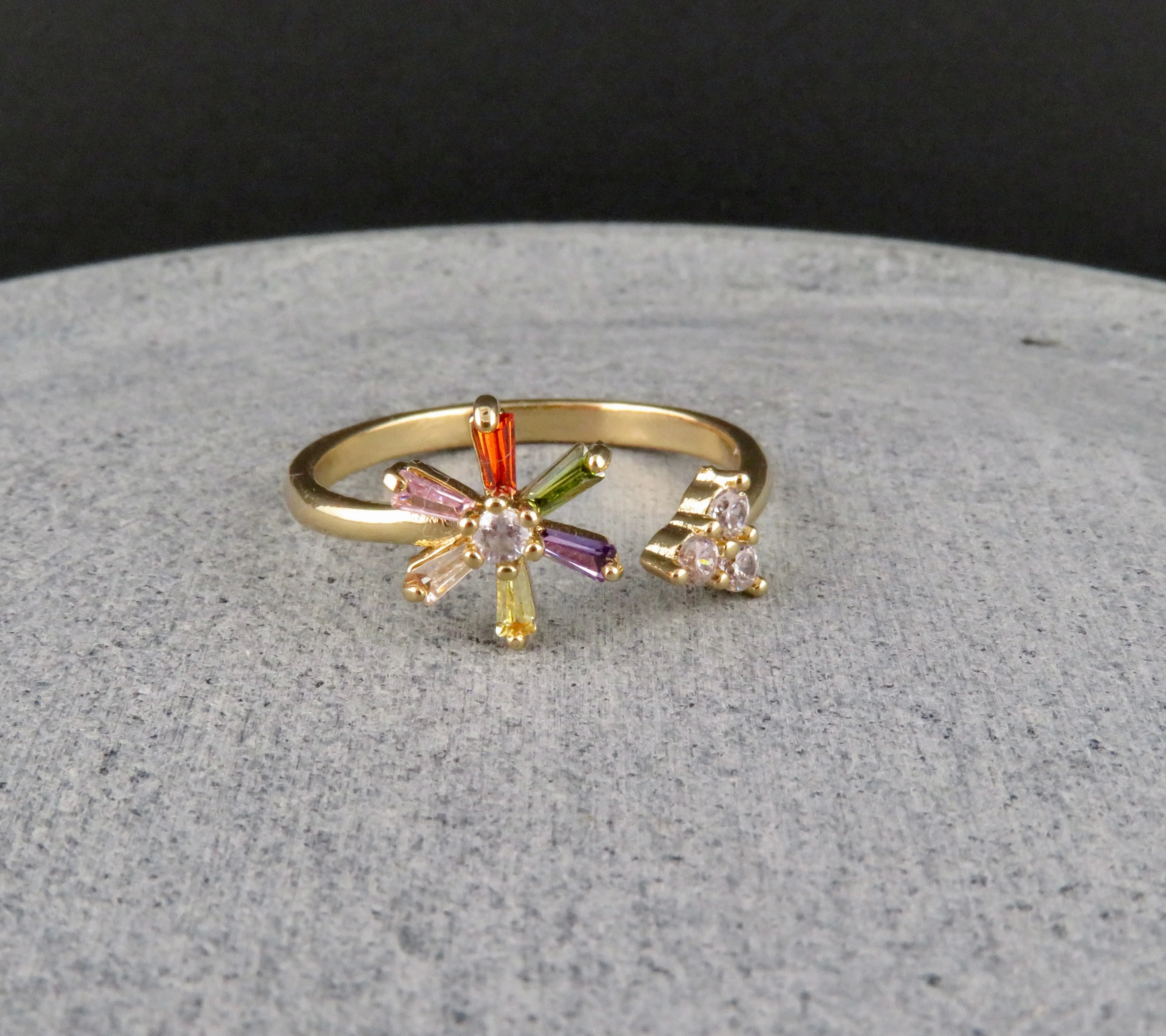 Gold Pave Flower Ring - Adjustable