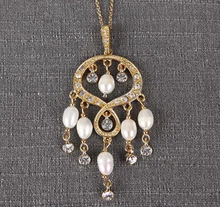 Gold Rhinestone & Pearl Chandelier Pendant Wedding Necklace