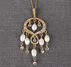 Gold Rhinestone & Pearl Chandelier Pendant Wedding Necklace