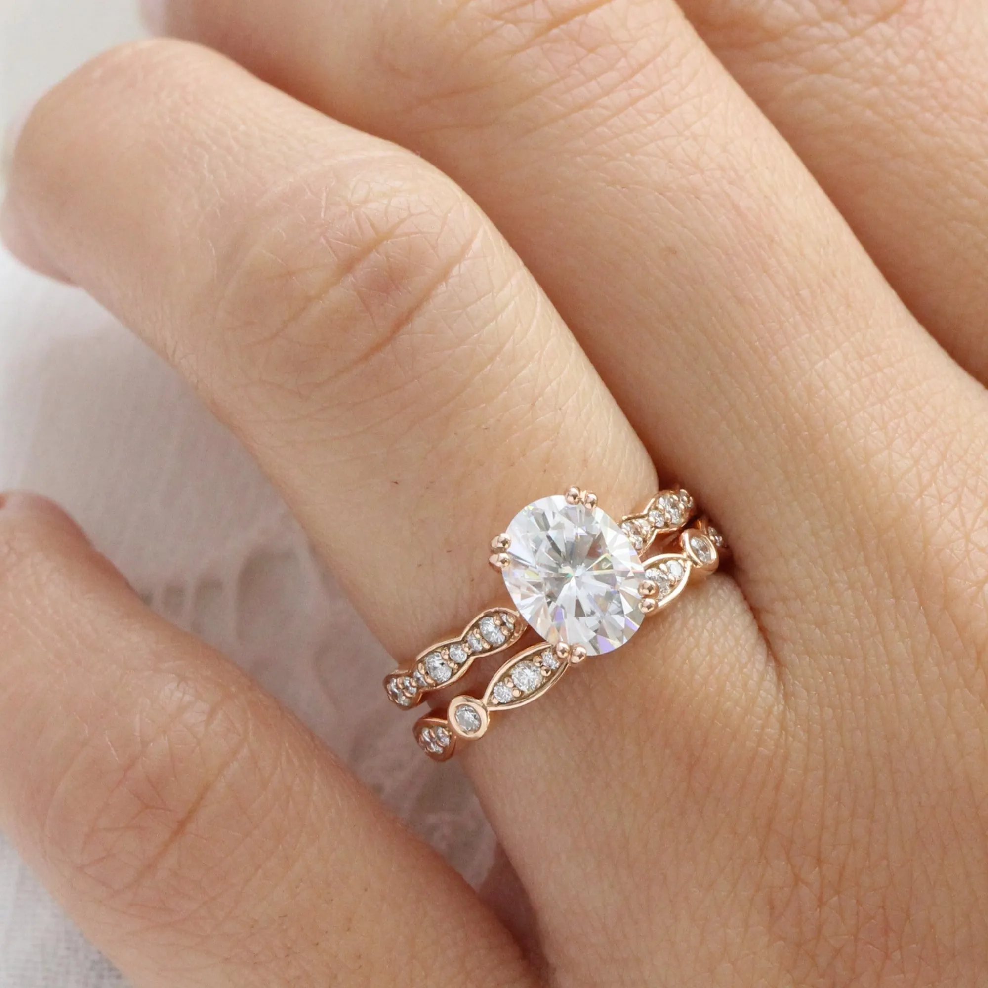 Grace Solitaire Oval Bridal Ring Set w/ Moissanite and Bezel Diamond Wedding Band