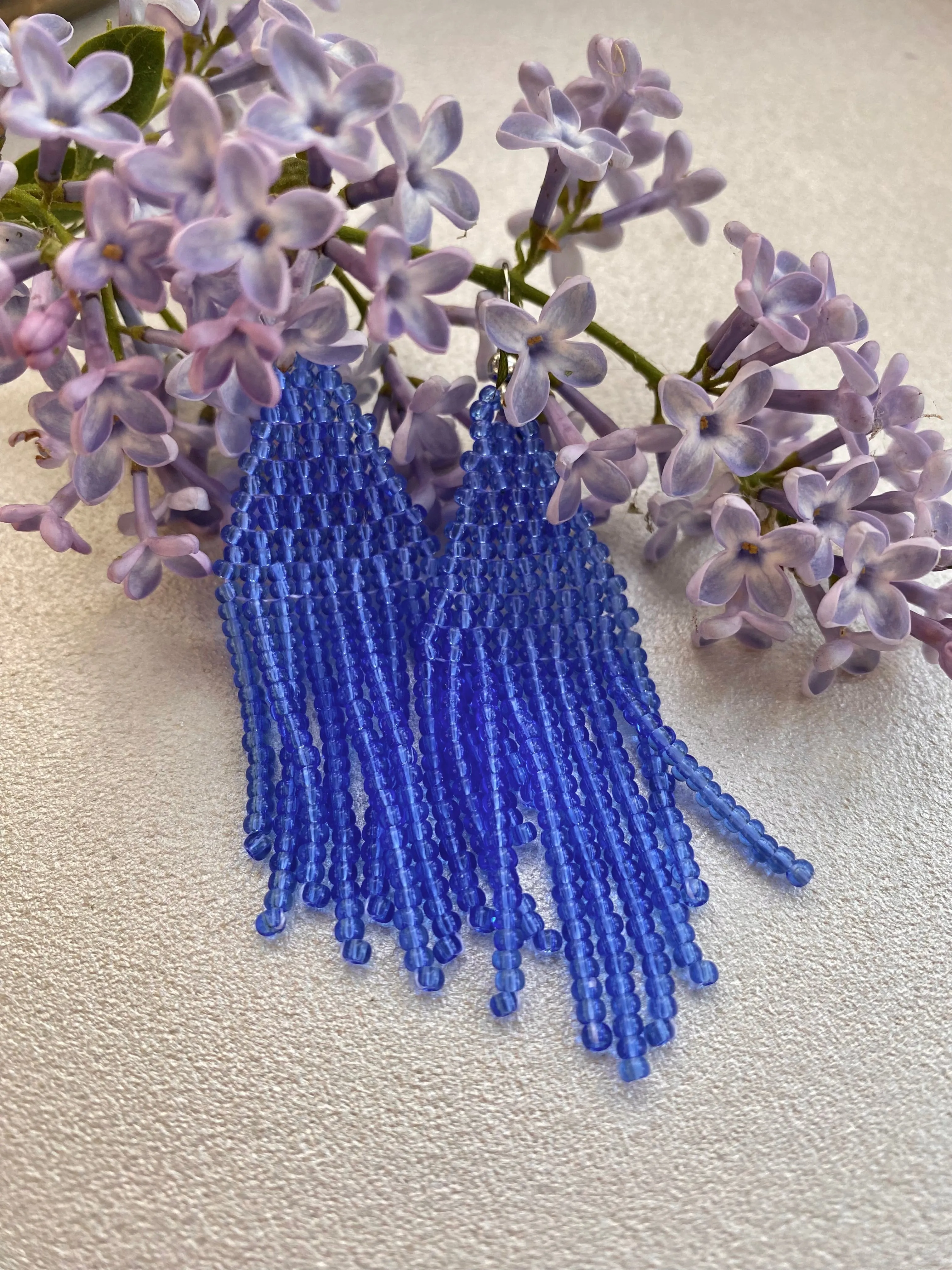 Handmade Blue Seed Bead Earrings, Fringe Chandelier Earrings, Bohemian Statement Earrings, Aesthetic Earrings, Boho Hippie Dangle Earrings