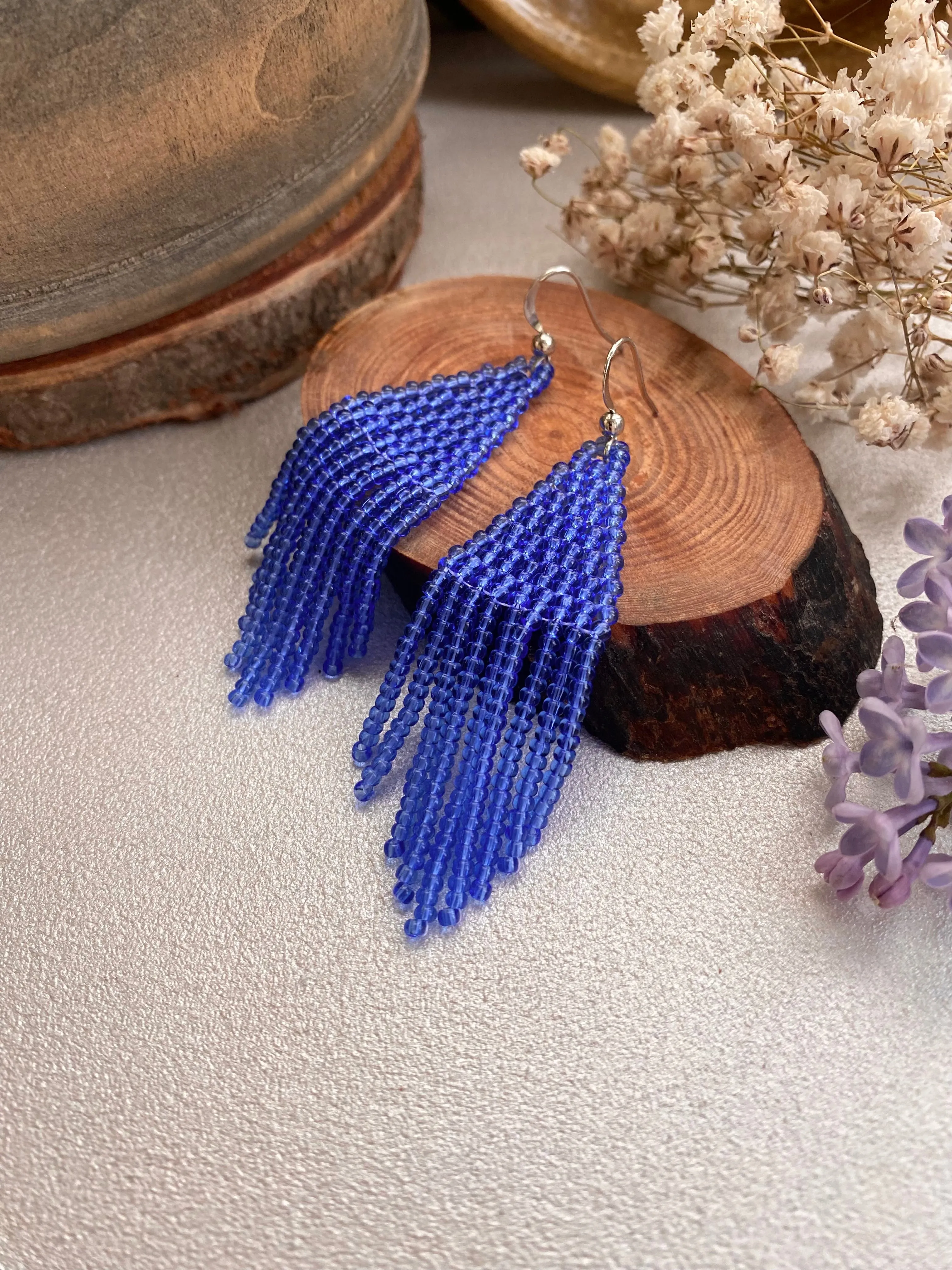 Handmade Blue Seed Bead Earrings, Fringe Chandelier Earrings, Bohemian Statement Earrings, Aesthetic Earrings, Boho Hippie Dangle Earrings