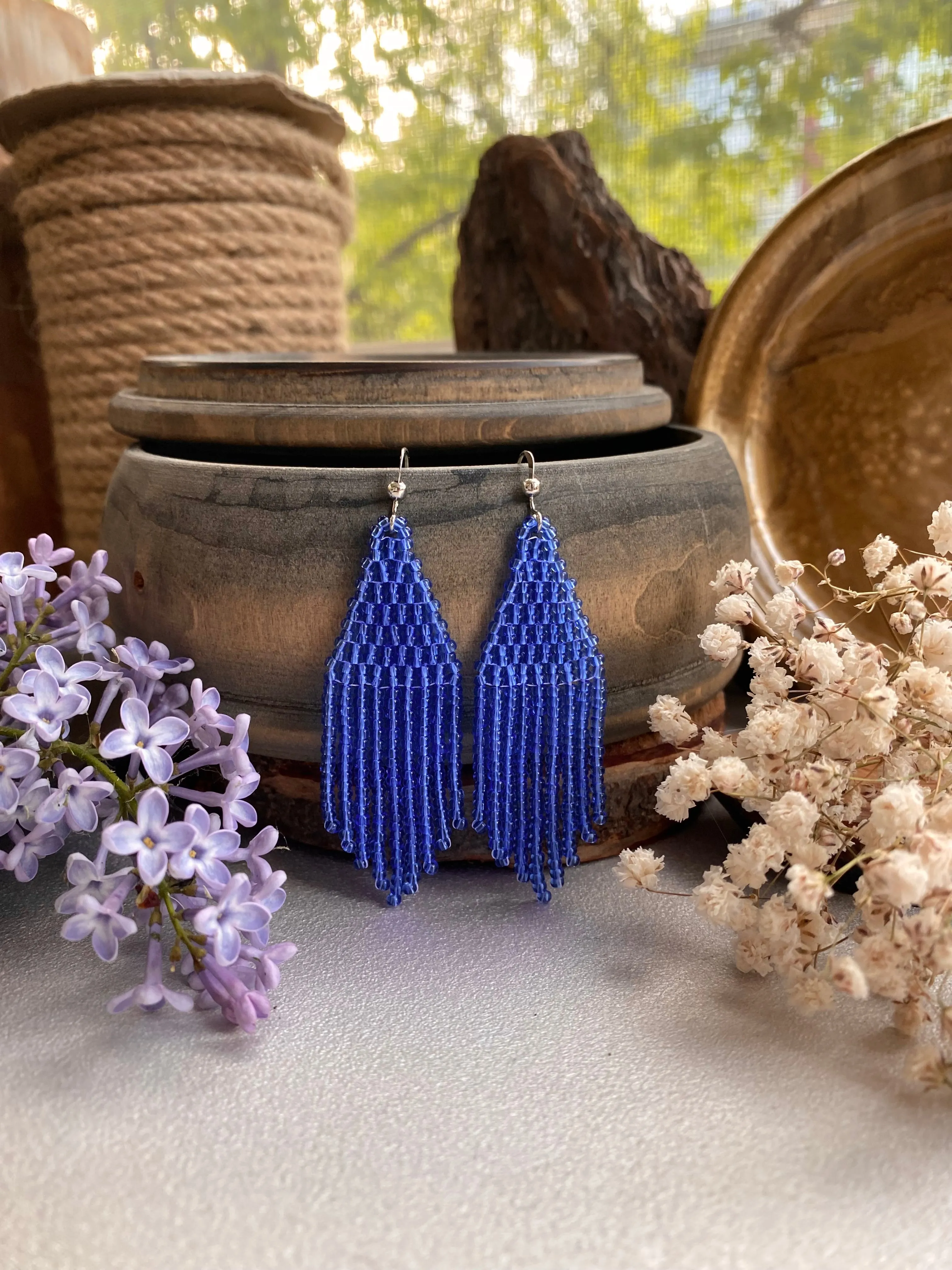 Handmade Blue Seed Bead Earrings, Fringe Chandelier Earrings, Bohemian Statement Earrings, Aesthetic Earrings, Boho Hippie Dangle Earrings