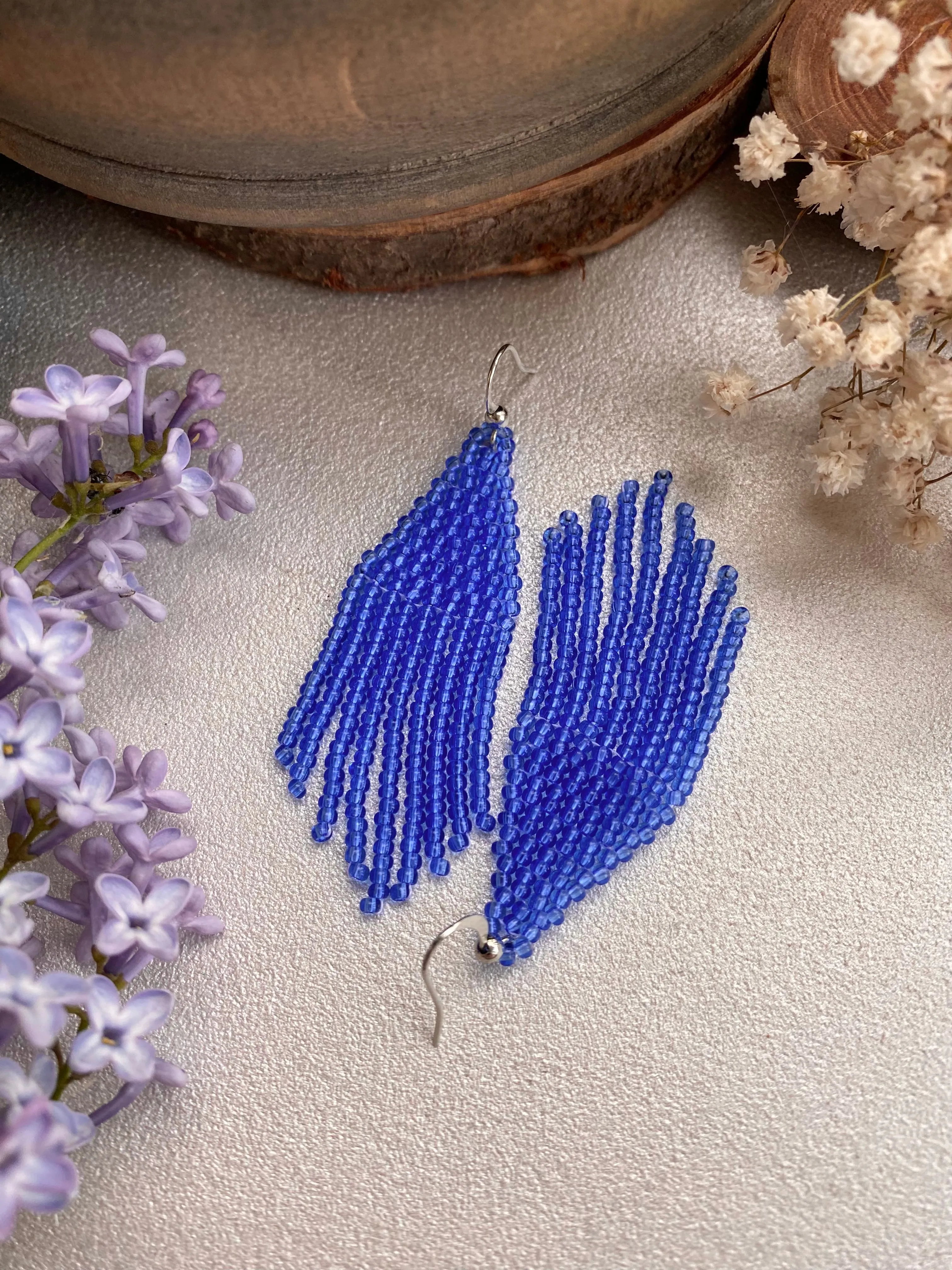 Handmade Blue Seed Bead Earrings, Fringe Chandelier Earrings, Bohemian Statement Earrings, Aesthetic Earrings, Boho Hippie Dangle Earrings