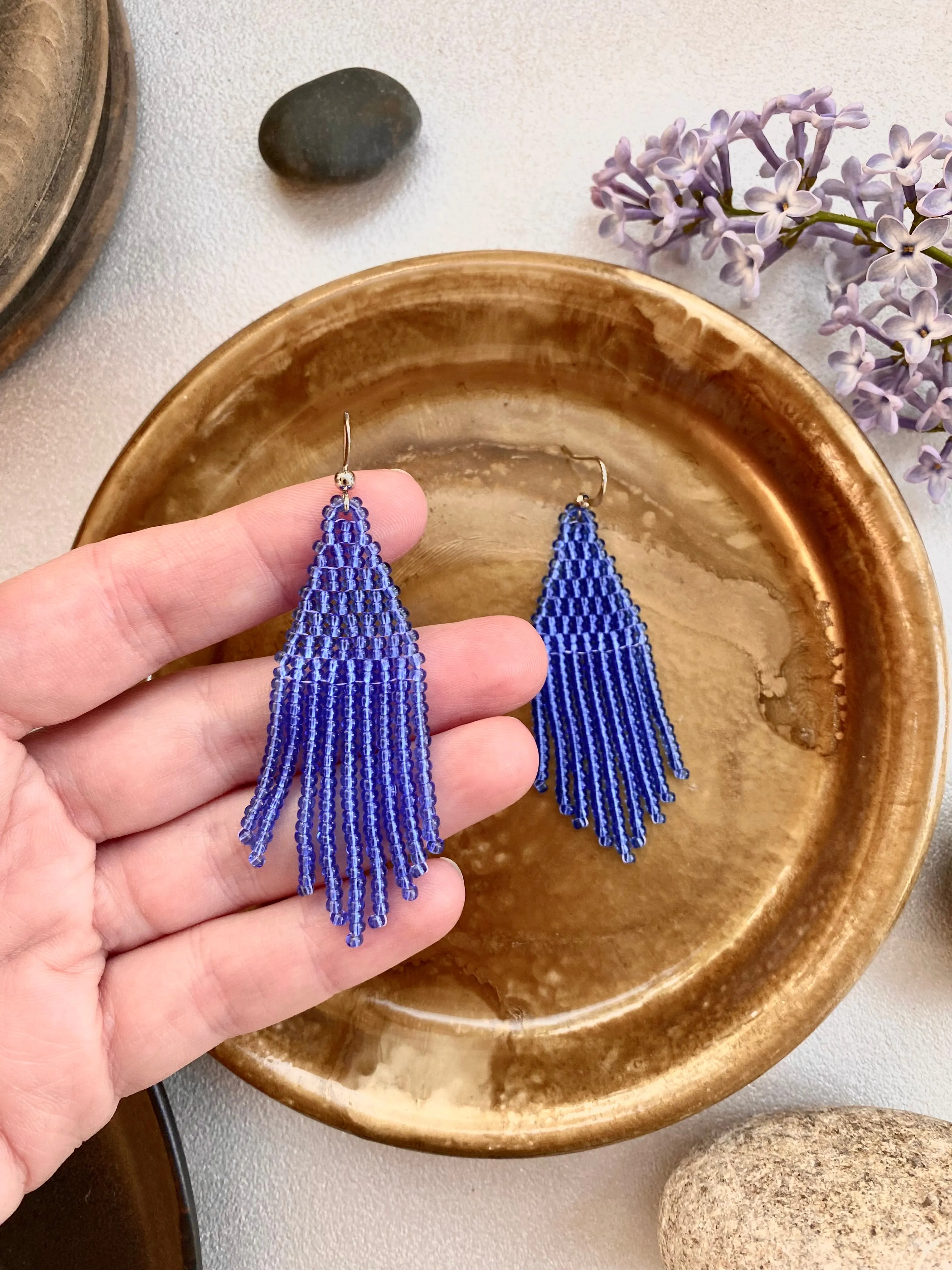 Handmade Blue Seed Bead Earrings, Fringe Chandelier Earrings, Bohemian Statement Earrings, Aesthetic Earrings, Boho Hippie Dangle Earrings