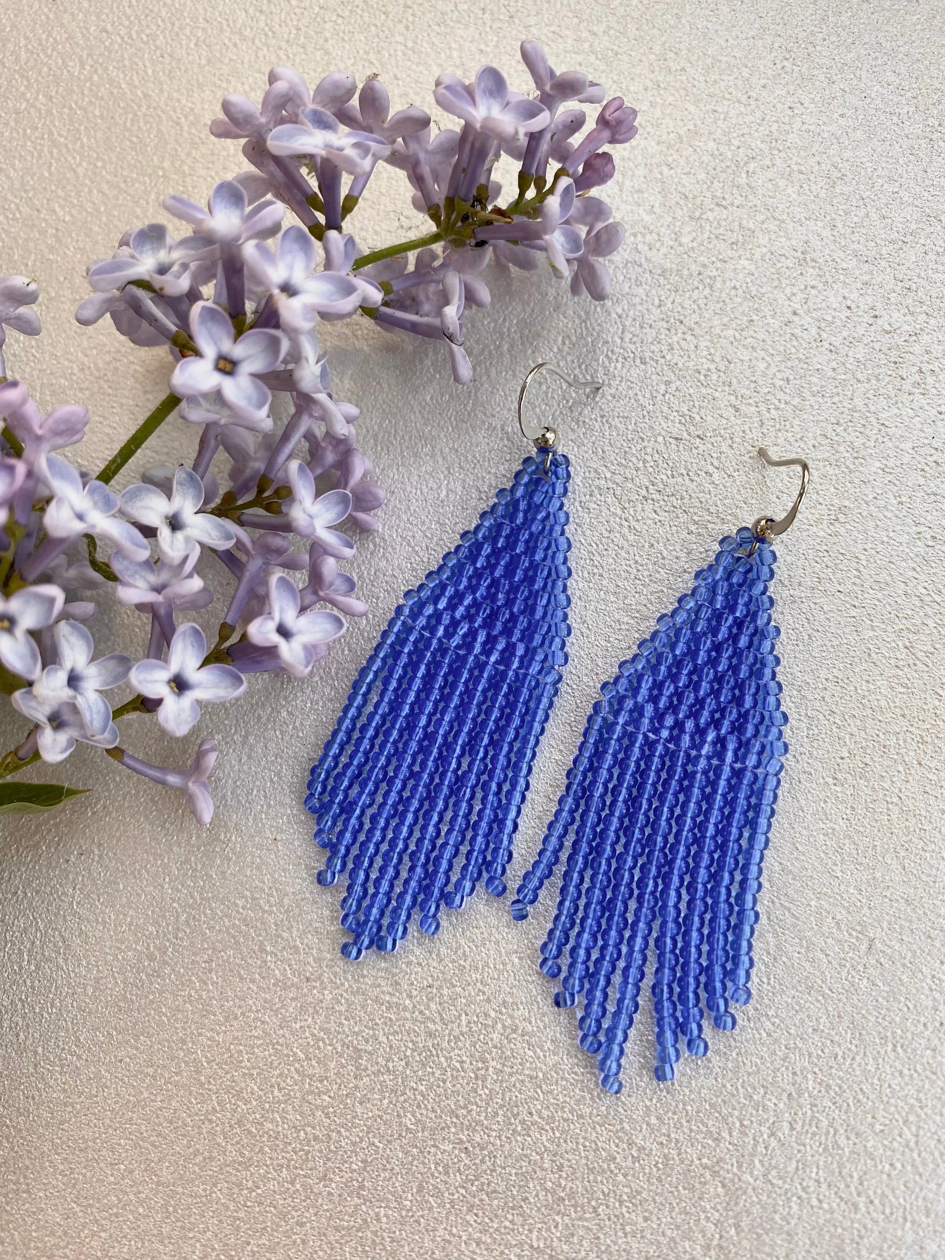 Handmade Blue Seed Bead Earrings, Fringe Chandelier Earrings, Bohemian Statement Earrings, Aesthetic Earrings, Boho Hippie Dangle Earrings