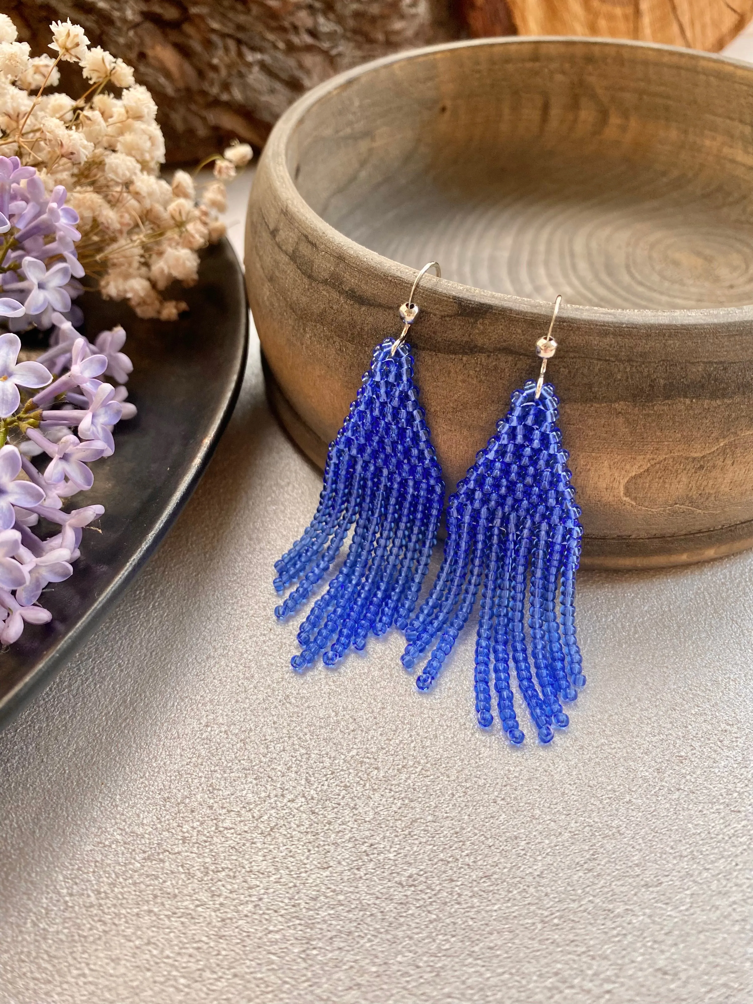 Handmade Blue Seed Bead Earrings, Fringe Chandelier Earrings, Bohemian Statement Earrings, Aesthetic Earrings, Boho Hippie Dangle Earrings