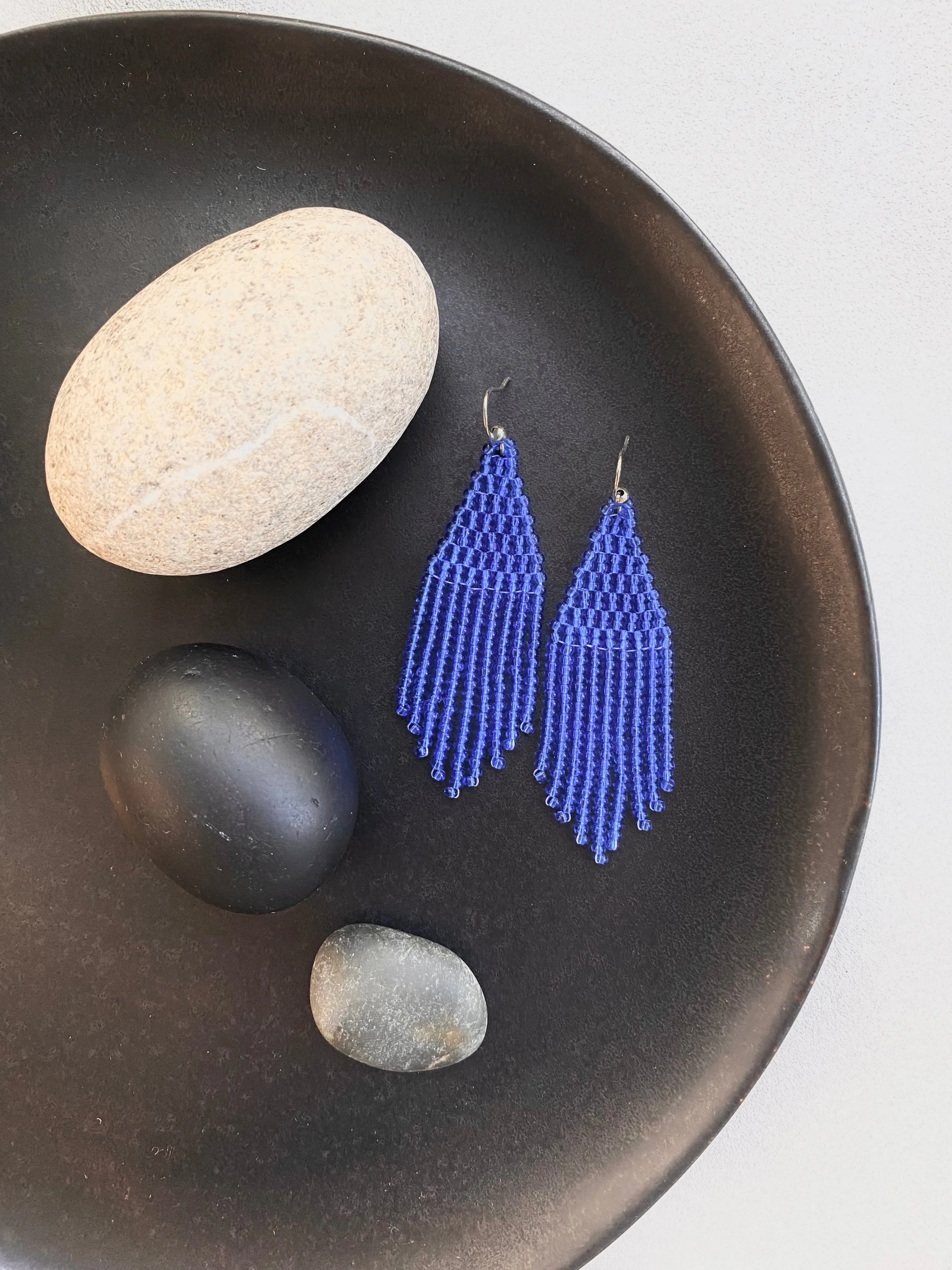 Handmade Blue Seed Bead Earrings, Fringe Chandelier Earrings, Bohemian Statement Earrings, Aesthetic Earrings, Boho Hippie Dangle Earrings