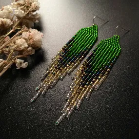 Handmade Ombré Seed Beaded fringe Chandelier Earrings for Women in boho hippie style