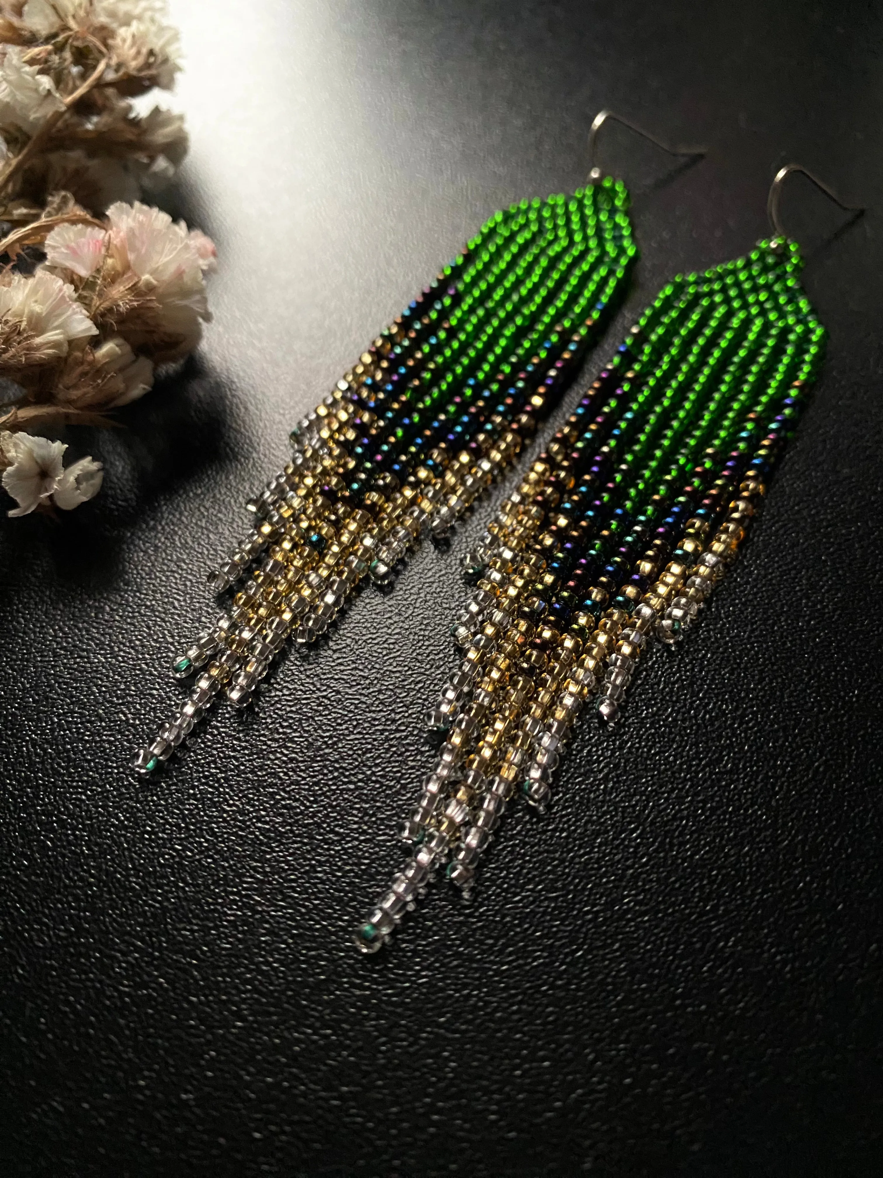 Handmade Ombré Seed Beaded fringe Chandelier Earrings for Women in boho hippie style