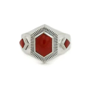 Hex-Cut Red Coral Silver Inlay Ring