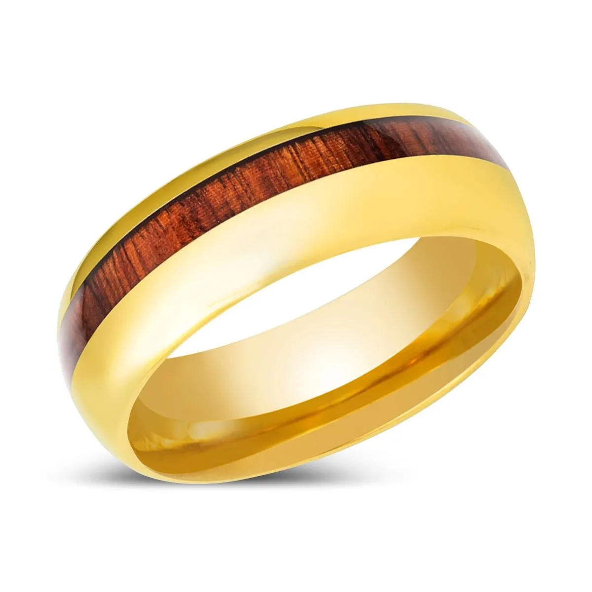 HUBERT | Gold Tungsten Ring, Koa Wood Inlay, Domed