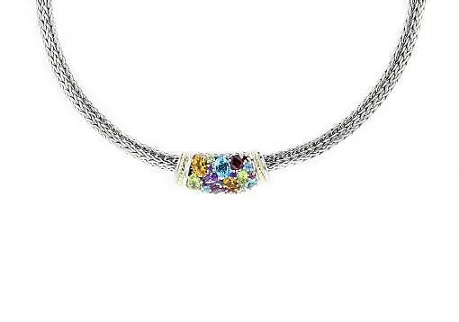 Italian Sterling Silver Necklace with semiprecious stones totaling 4.50ctw and 14K solid yellow gold accents.