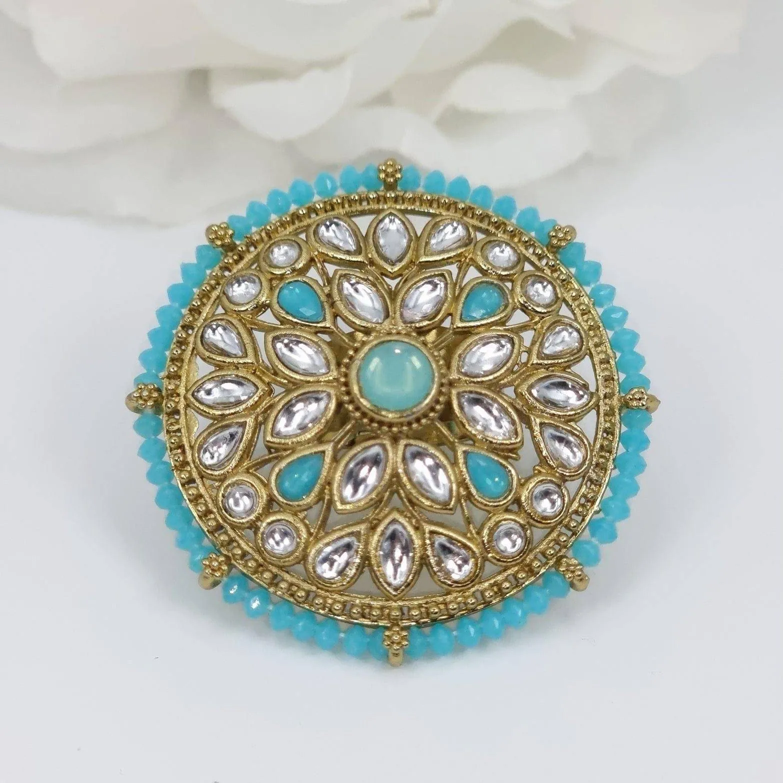 Kundan Mandala Statement Ring - Blue