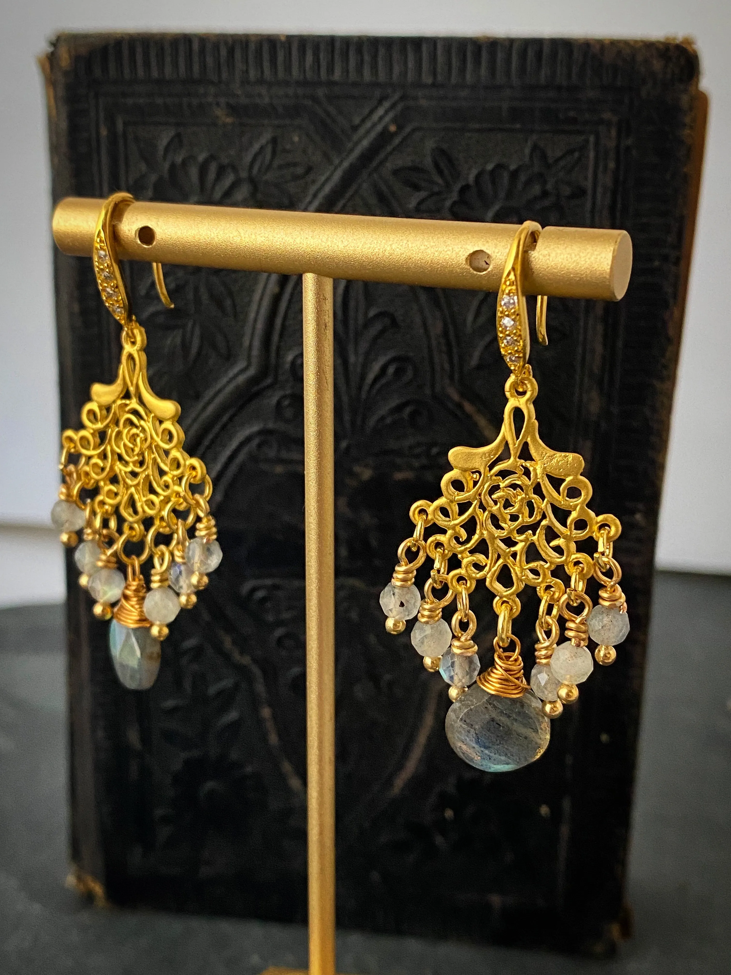 Labradorite gemstone, gold metal earrings,  chandelier, jewelry