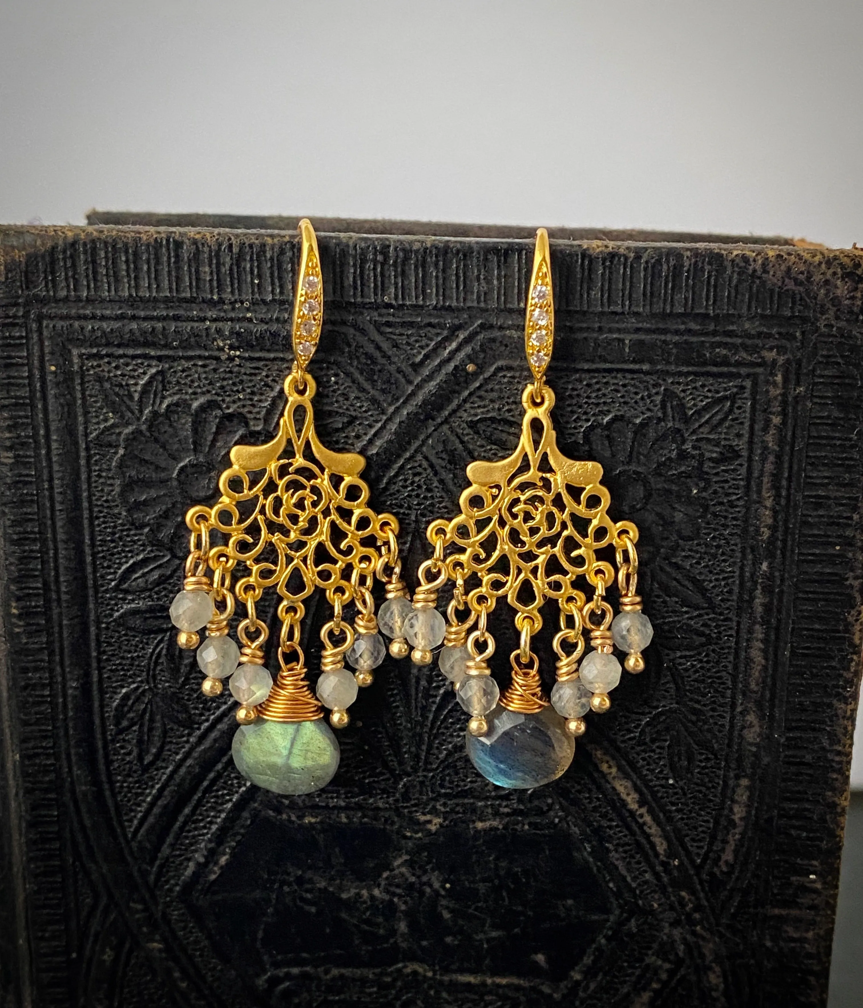 Labradorite gemstone, gold metal earrings,  chandelier, jewelry