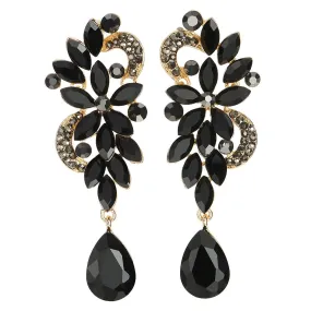 LARGE AND LONG Art Deco Rhinestone Crystal Cluster Chandelier Floral Teardrop Dangle Statement Earrings