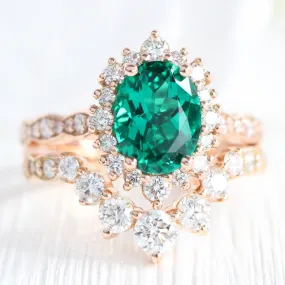 Large Tiara Halo Scalloped Ring Set w/ Oval Emerald and Large 7 Diamond U Band