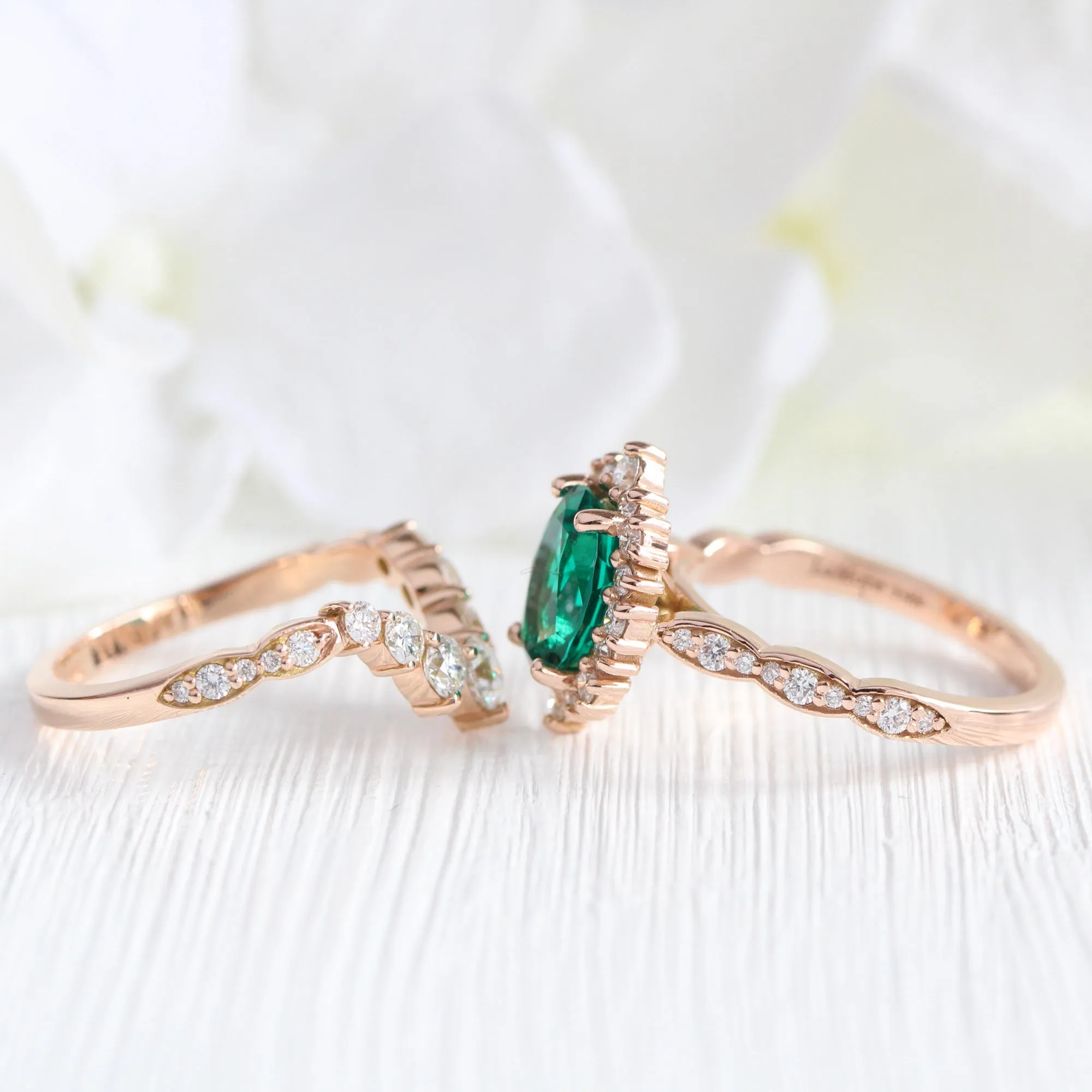 Large Tiara Halo Scalloped Ring Set w/ Oval Emerald and Large 7 Diamond U Band