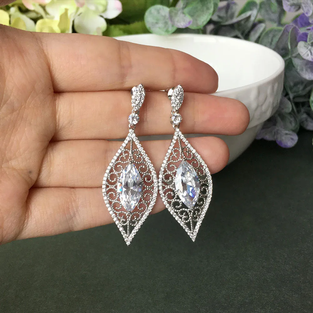 Leaf Shape Vintage Micro-paved Bridal Earrings, Cubic Zirconia Wedding Earrings