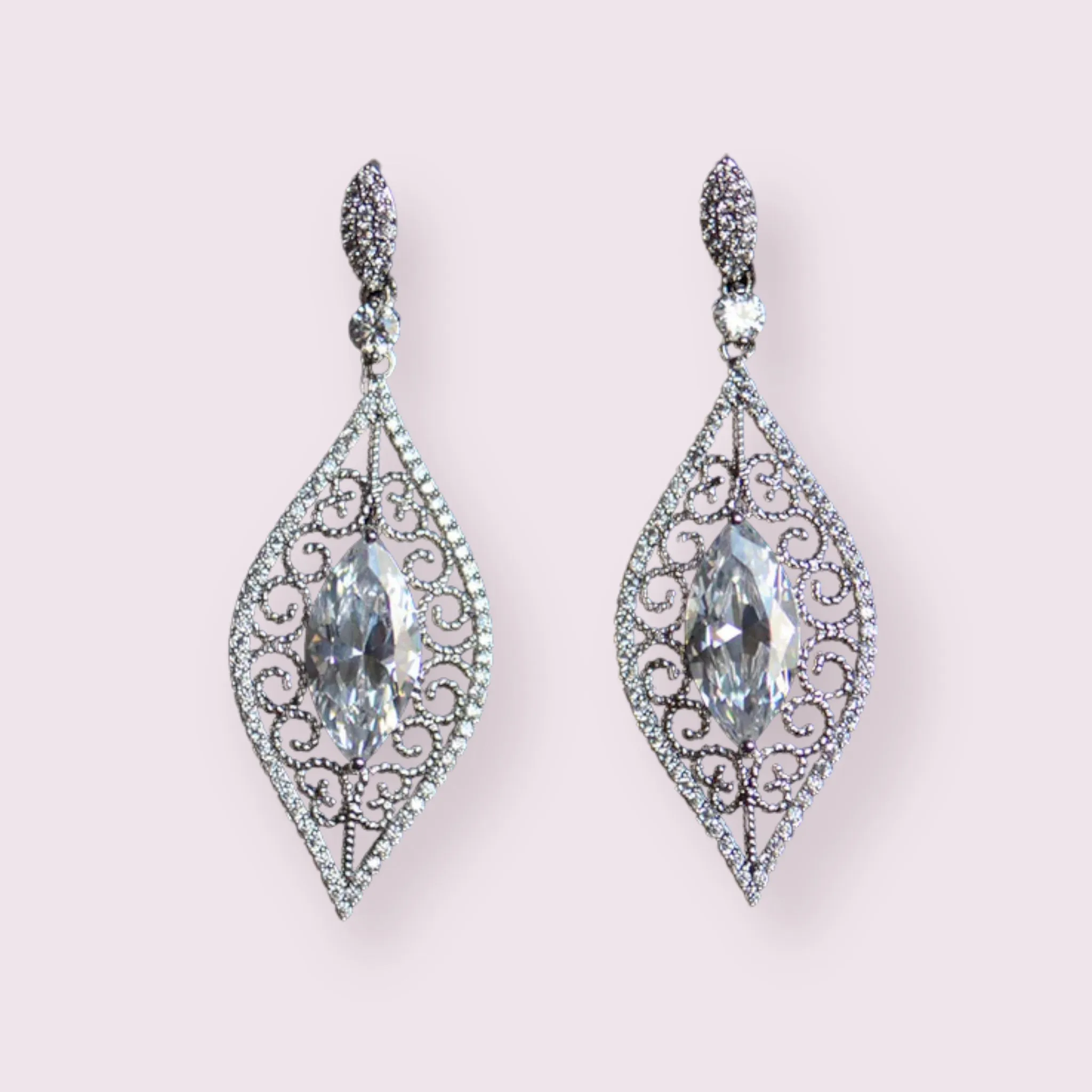 Leaf Shape Vintage Micro-paved Bridal Earrings, Cubic Zirconia Wedding Earrings