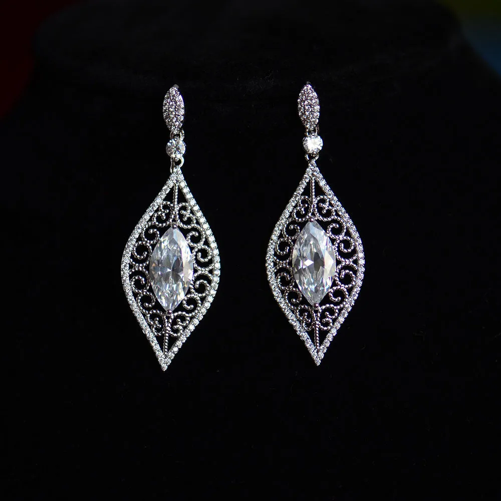 Leaf Shape Vintage Micro-paved Bridal Earrings, Cubic Zirconia Wedding Earrings