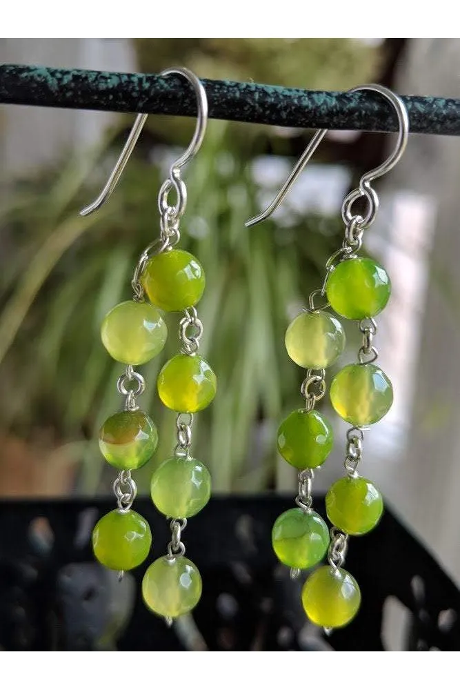 Light Green Agate Gemstone Bead Chandelier Long Silver Earrings