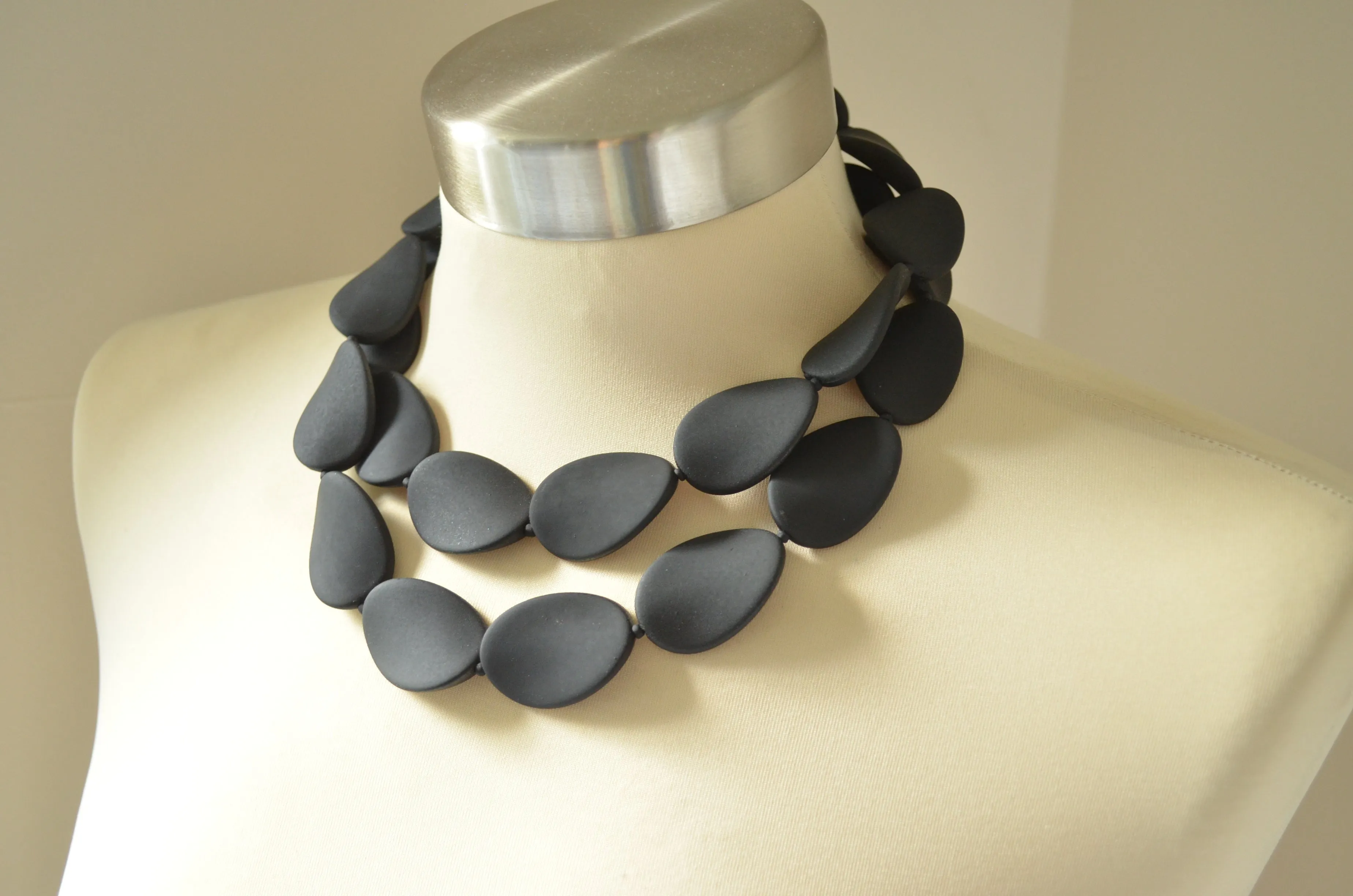 Long Black Beaded Matte Acrylic Womens Statement Necklace